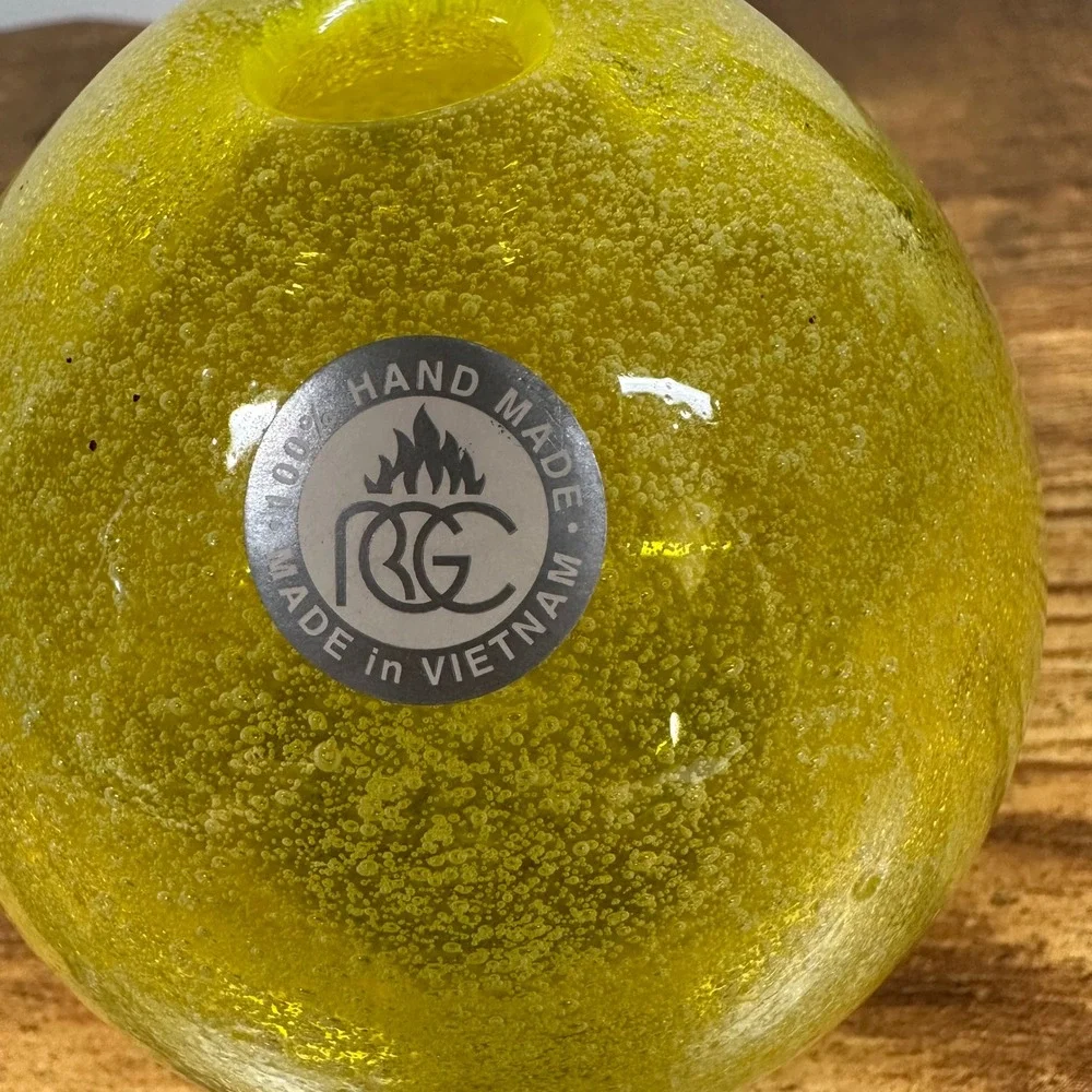 RBG Handmade Art Glass Bud Vase Yellow Green Seeded Bubble Sphere Vietnam